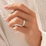 14k Gold Bezel Moissanite Diamond Wedding Ring: Chunky Dome Bridal Band with 5 Round Stones - Image 3