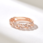 14k Solid Gold Dainty Pave Moissanite Diamond Chain Ring | Wide Wedding Band for Women - Image 5